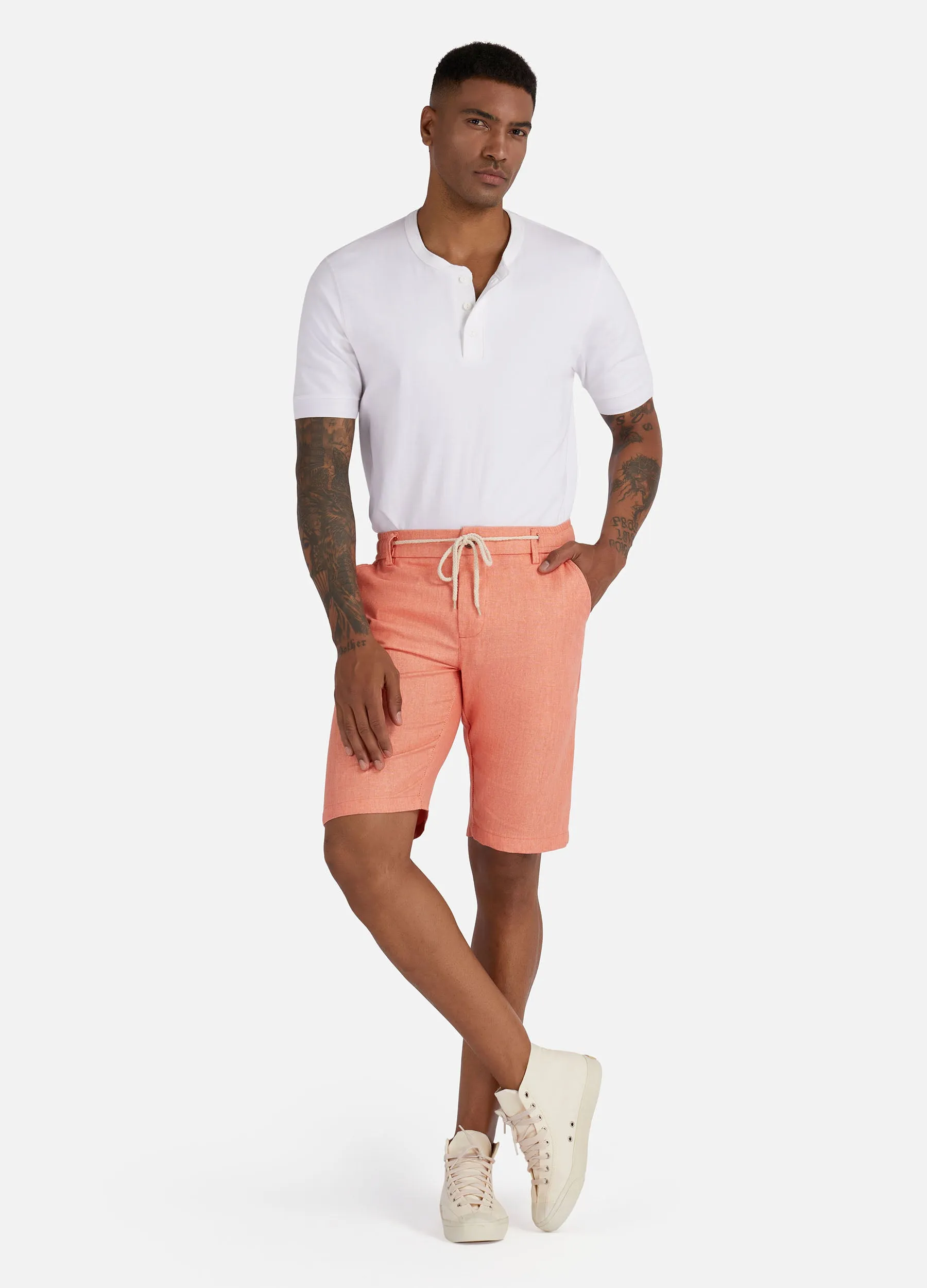 1PA1 Men's Cotton Linen Flat Front Shorts Drawstring Elastic Waist Beach Shorts(Clearance)