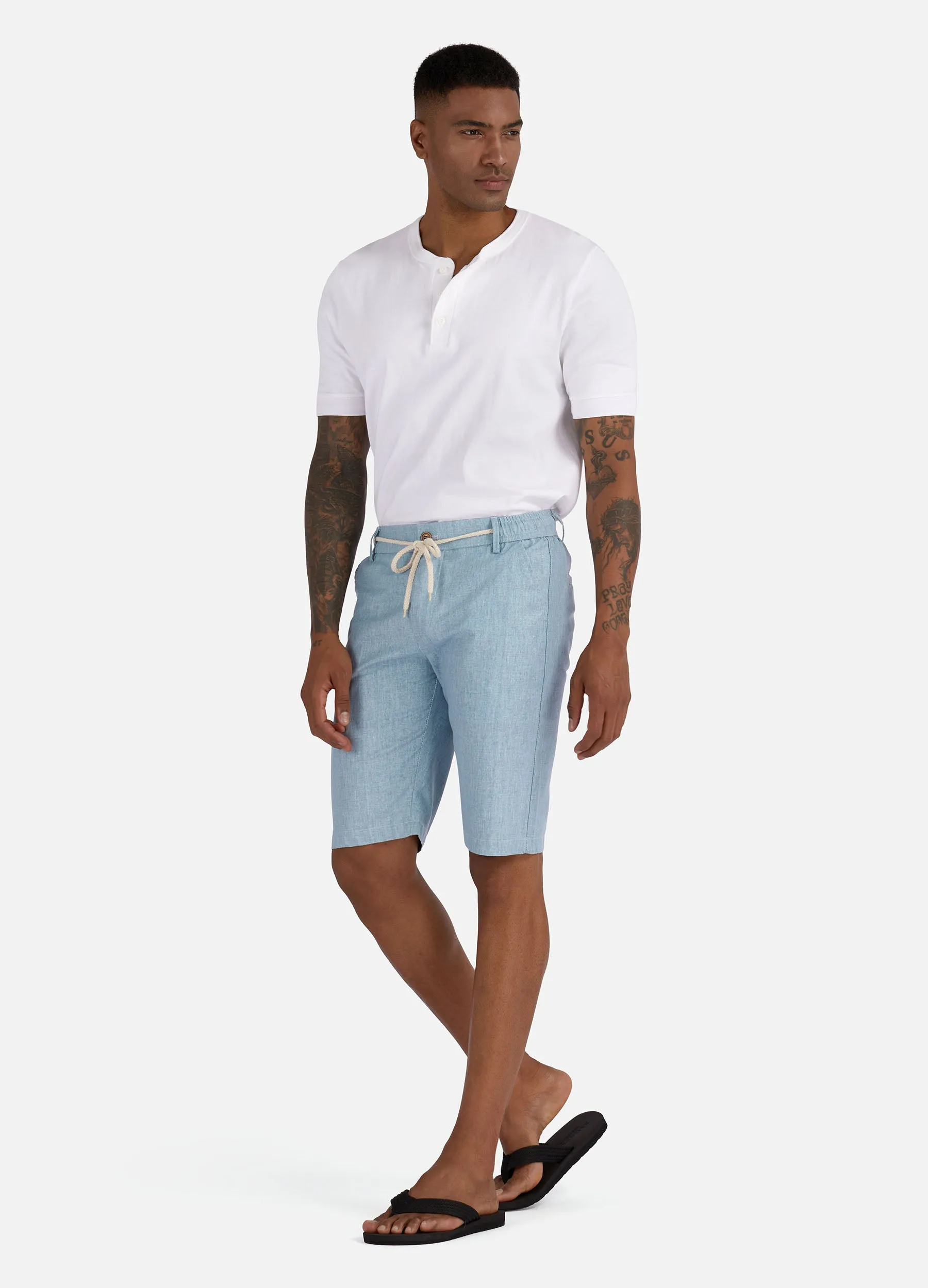 1PA1 Men's Cotton Linen Flat Front Shorts Drawstring Elastic Waist Beach Shorts(Clearance)