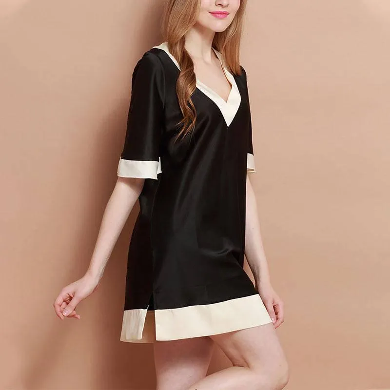 22MM Classic V Neck Women Silk Nightgown 100%  Silk Short Sleeves Sleep Dress Sleepwear