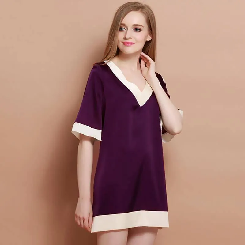 22MM Classic V Neck Women Silk Nightgown 100%  Silk Short Sleeves Sleep Dress Sleepwear