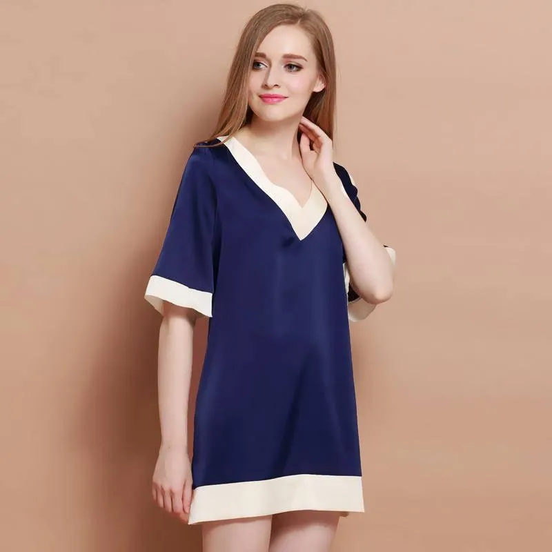 22MM Classic V Neck Women Silk Nightgown 100%  Silk Short Sleeves Sleep Dress Sleepwear