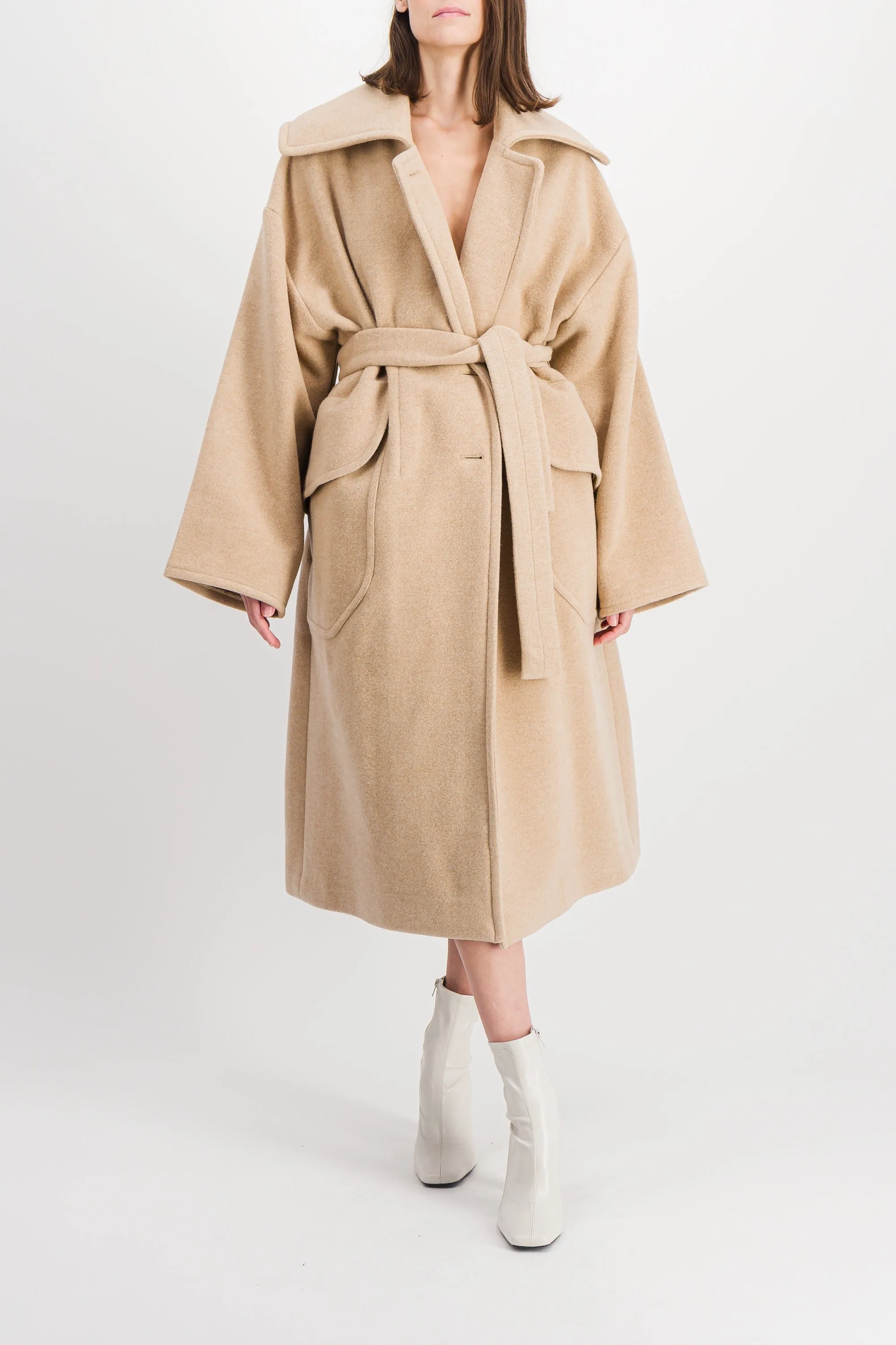 Beige oversized double sided wool maxi coat