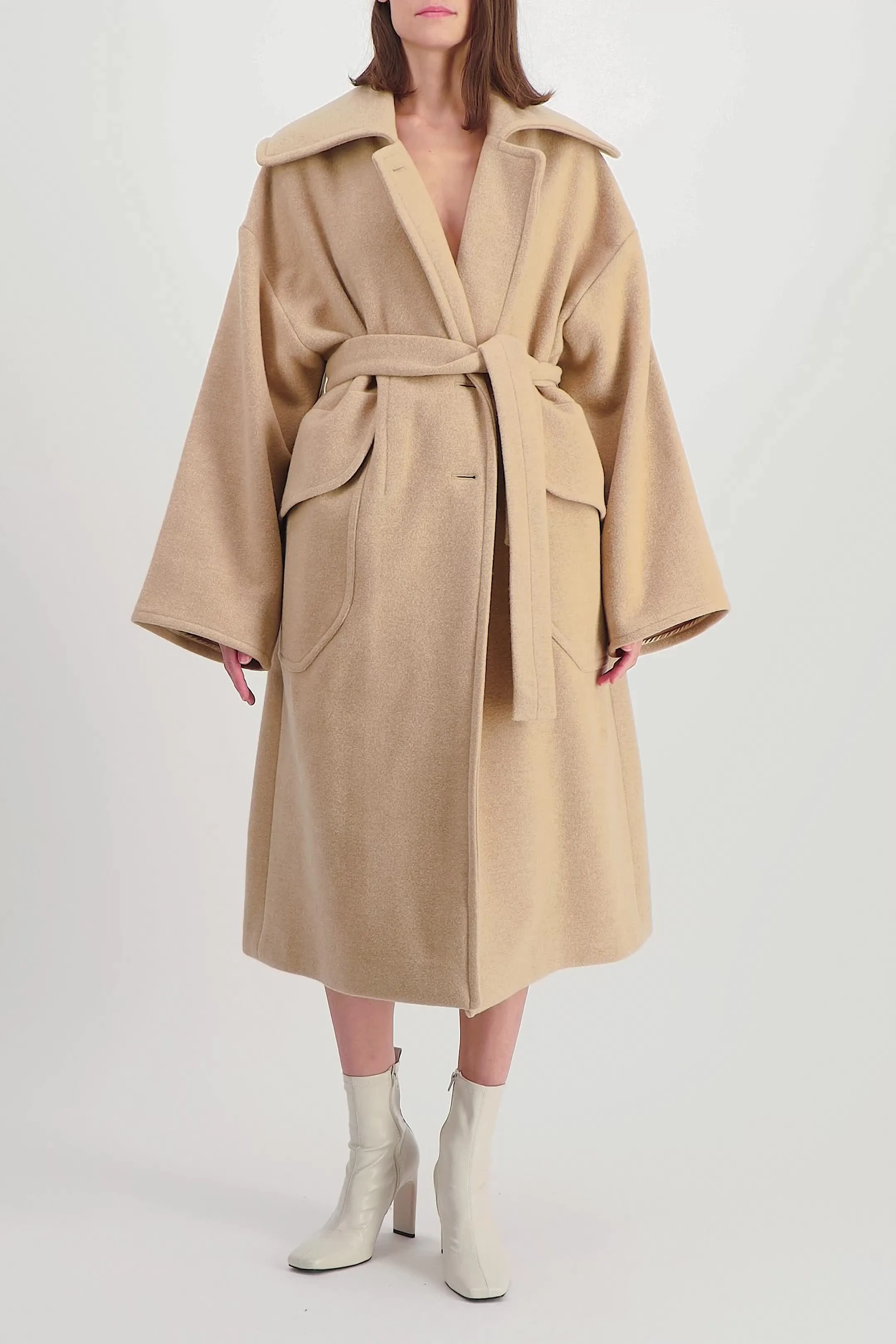 Beige oversized double sided wool maxi coat