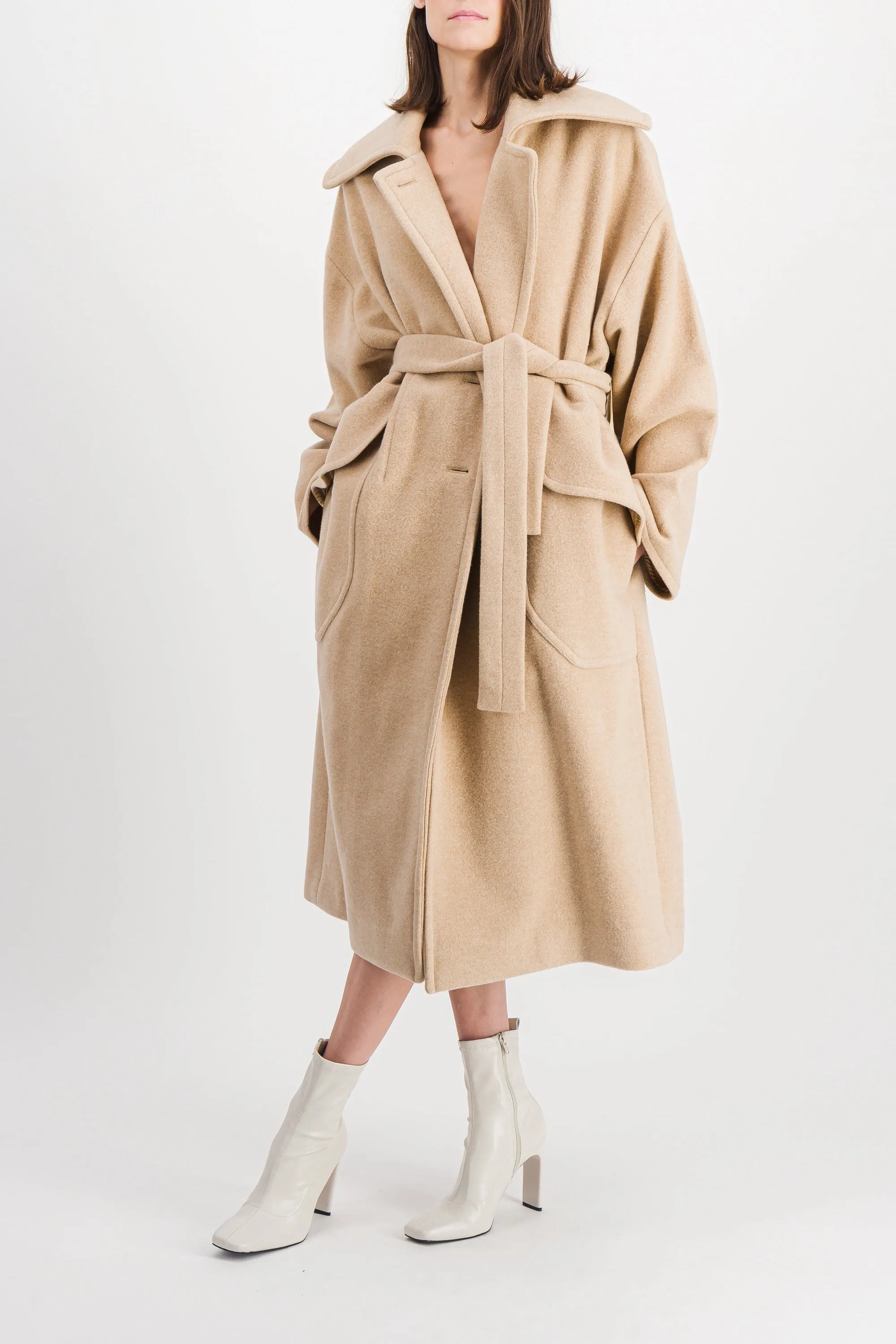 Beige oversized double sided wool maxi coat