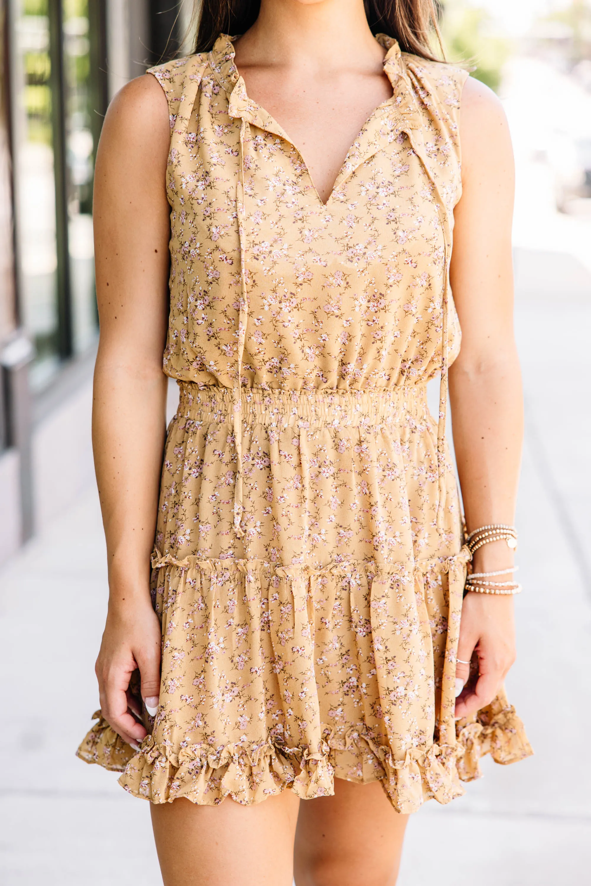 Between Us Mustard Yellow Ditsy Floral Dress