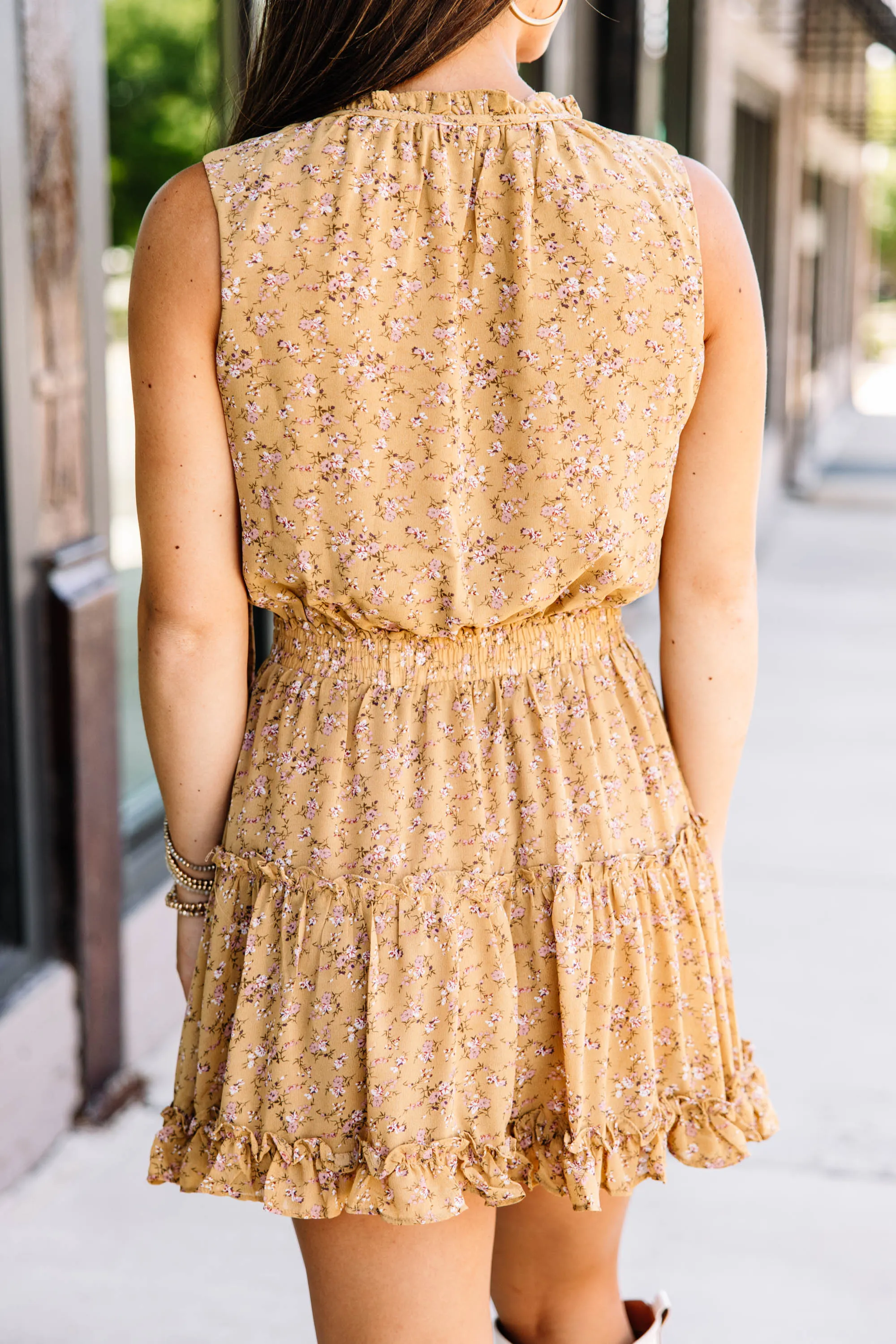 Between Us Mustard Yellow Ditsy Floral Dress