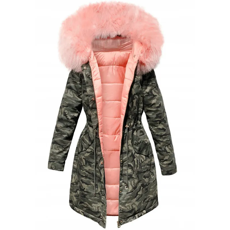 Big Faux Fur Collar Camouflage Women Slim Oversized Long Down Coat