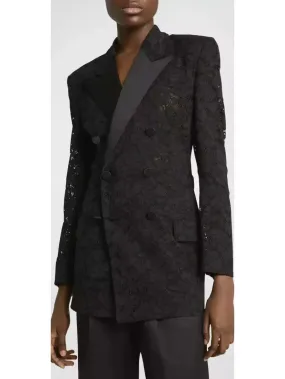 Black Double-Breasted Satin Trimmed Lace Blazer