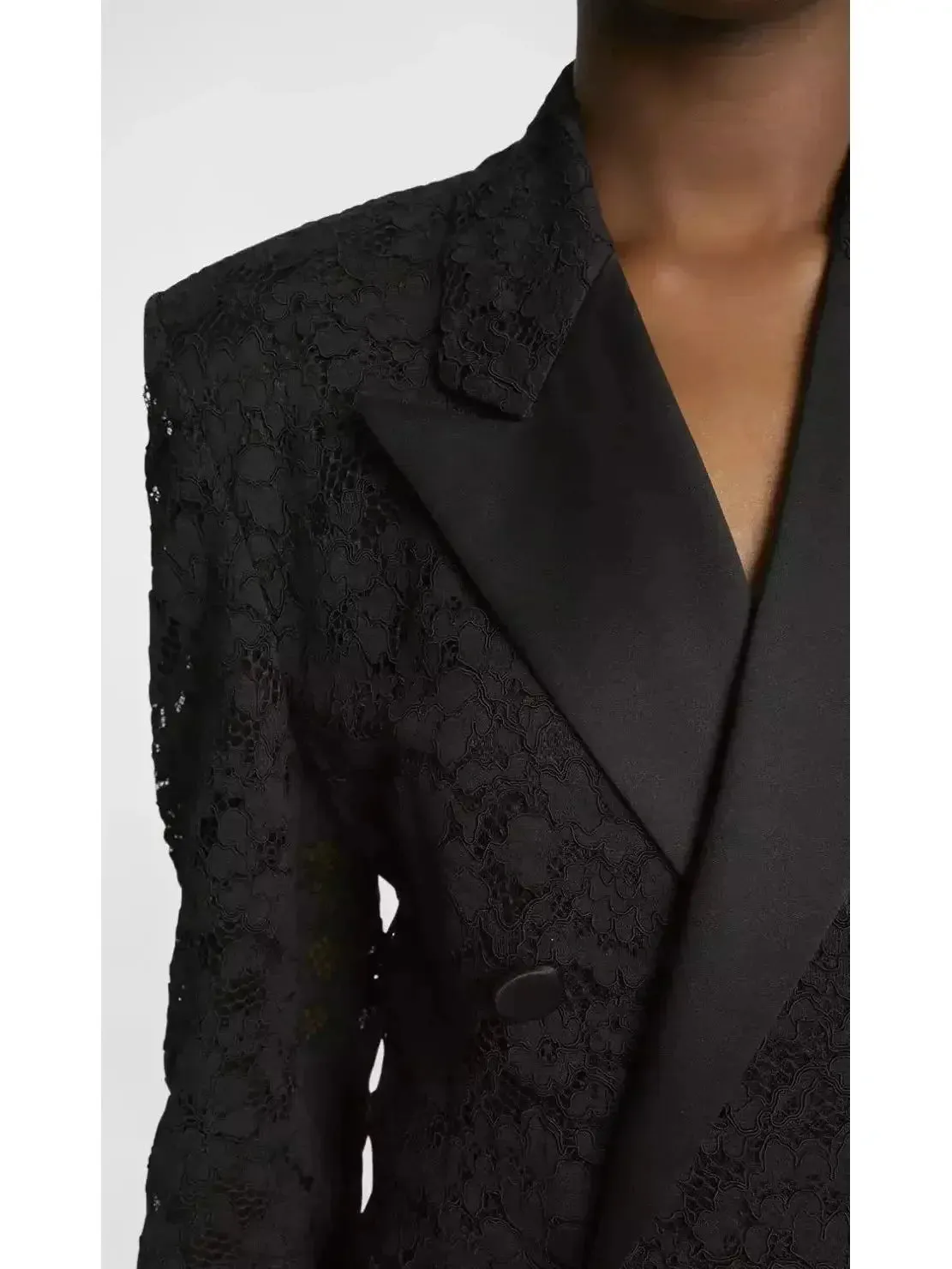 Black Double-Breasted Satin Trimmed Lace Blazer