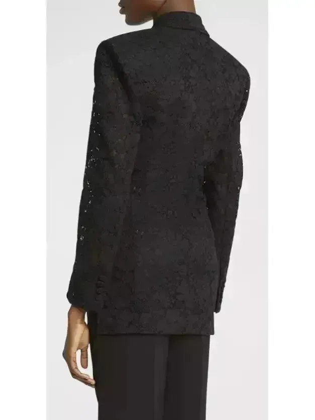 Black Double-Breasted Satin Trimmed Lace Blazer