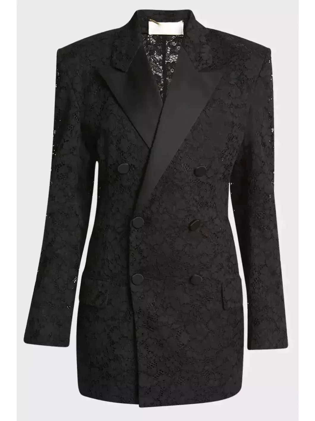 Black Double-Breasted Satin Trimmed Lace Blazer