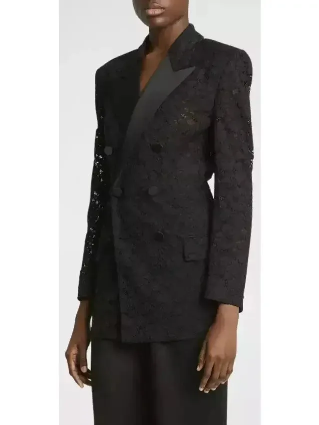 Black Double-Breasted Satin Trimmed Lace Blazer