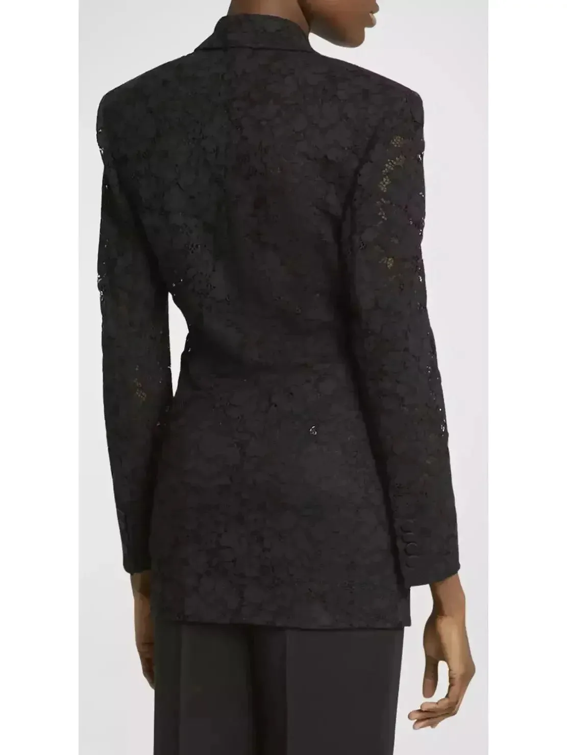 Black Double-Breasted Satin Trimmed Lace Blazer