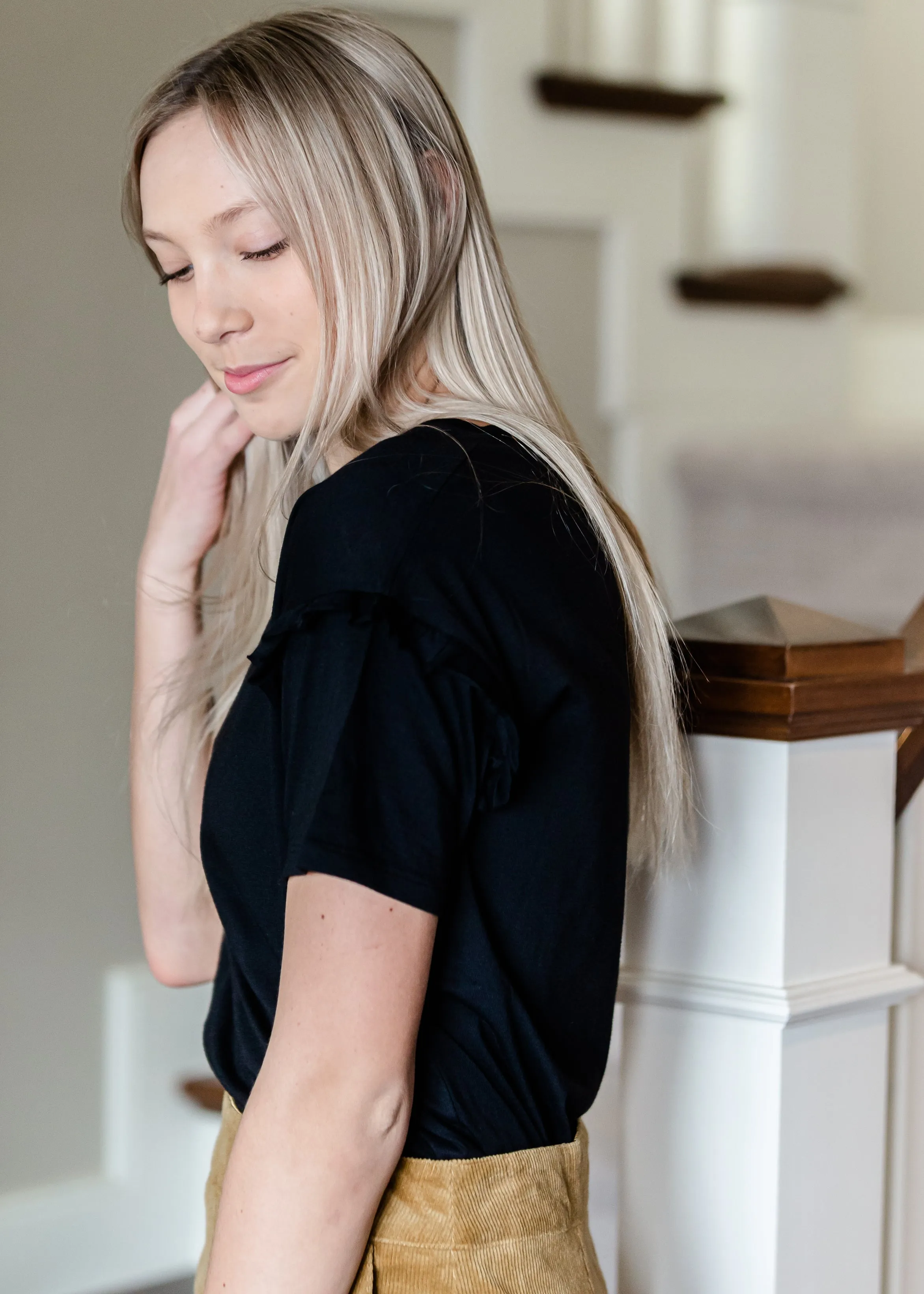 Black Ruffled Shoulder Top