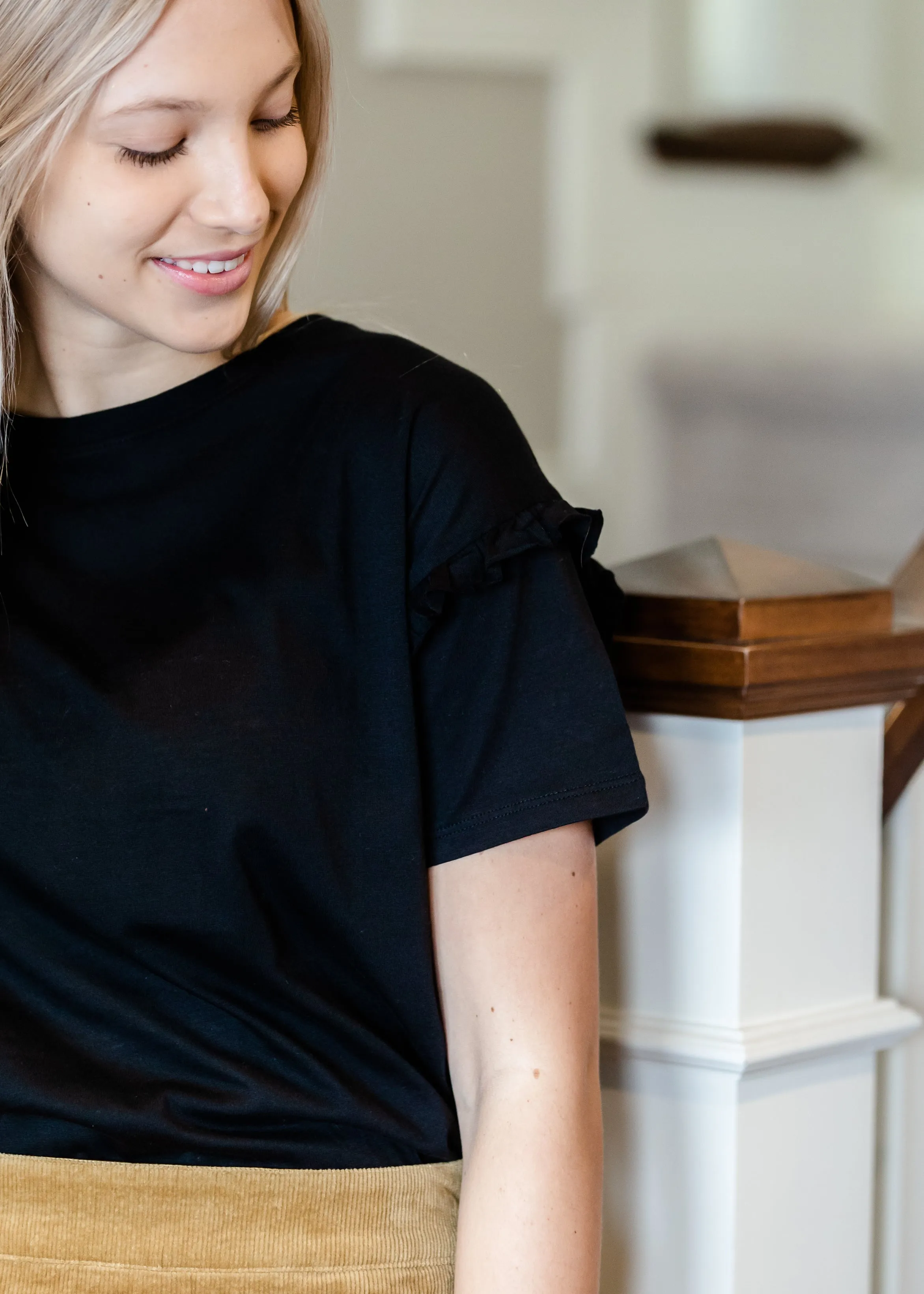 Black Ruffled Shoulder Top