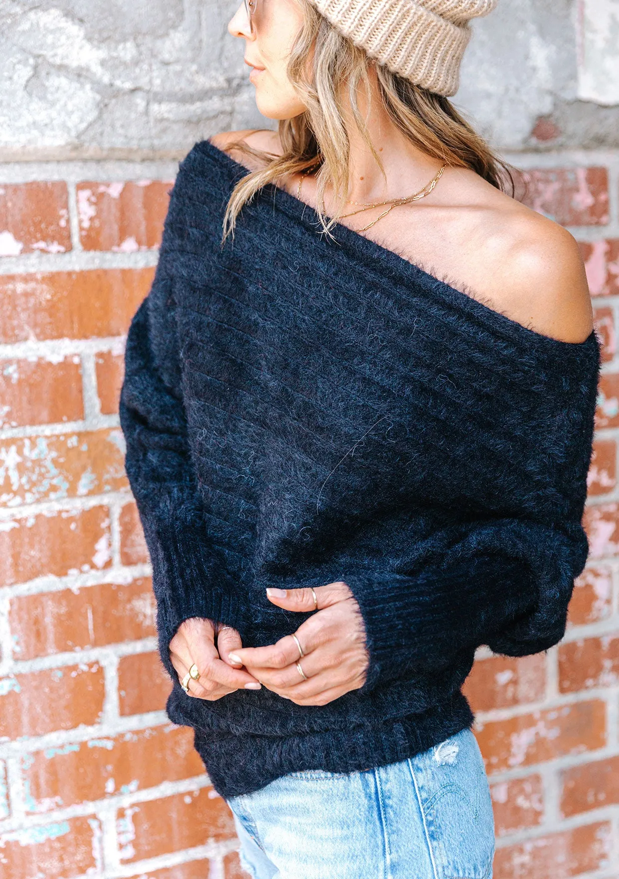 Blissful Fuzzy Ribbed Boatneck Sweater