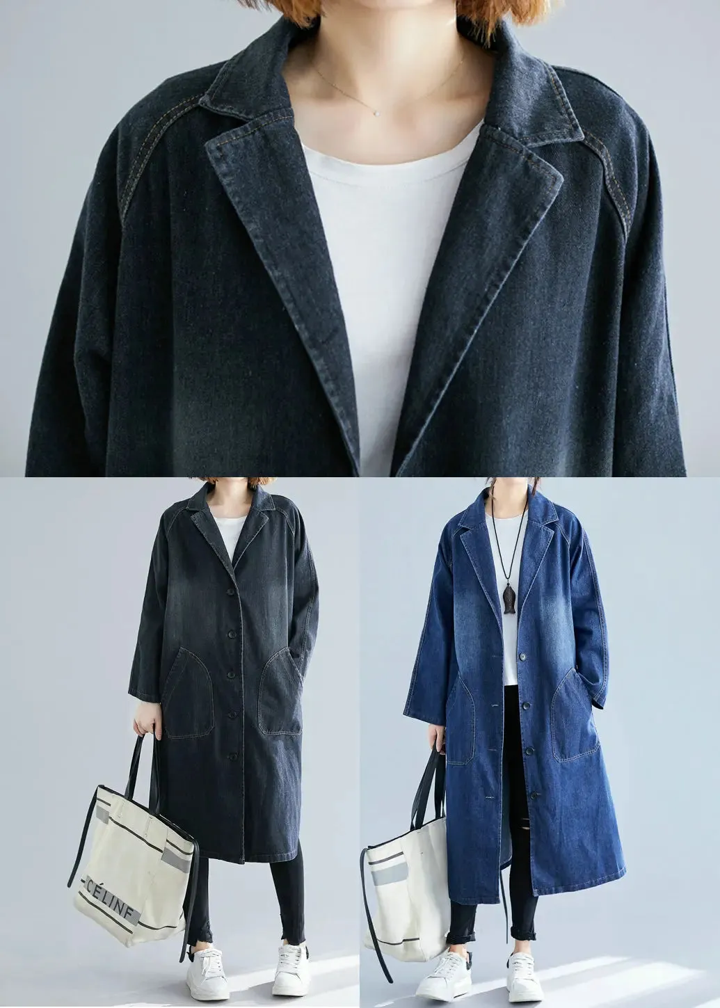 Blue Denim Trench Coats Oversized Pockets Fall LY8696