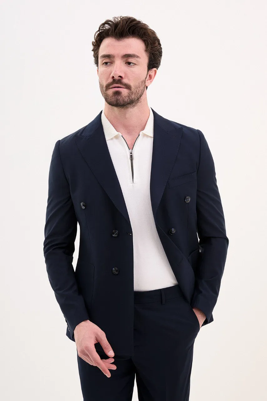 Bojoni Pezza Slim Fit Navy Double Breasted Blazer