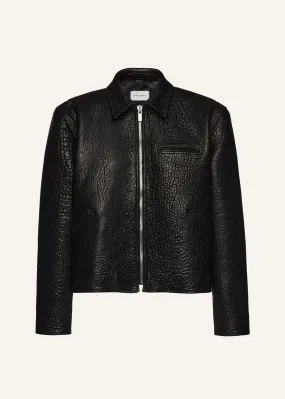 Boxy embossed leather zip jacket in black