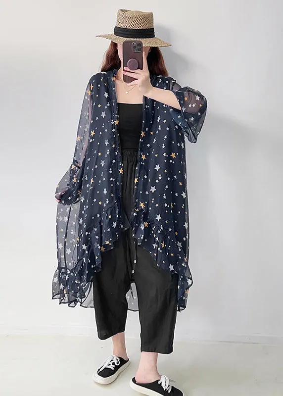 Casual Navy Ruffled Print Chiffon UPF 50  Cardigan Summer