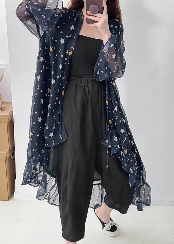 Casual Navy Ruffled Print Chiffon UPF 50  Cardigan Summer