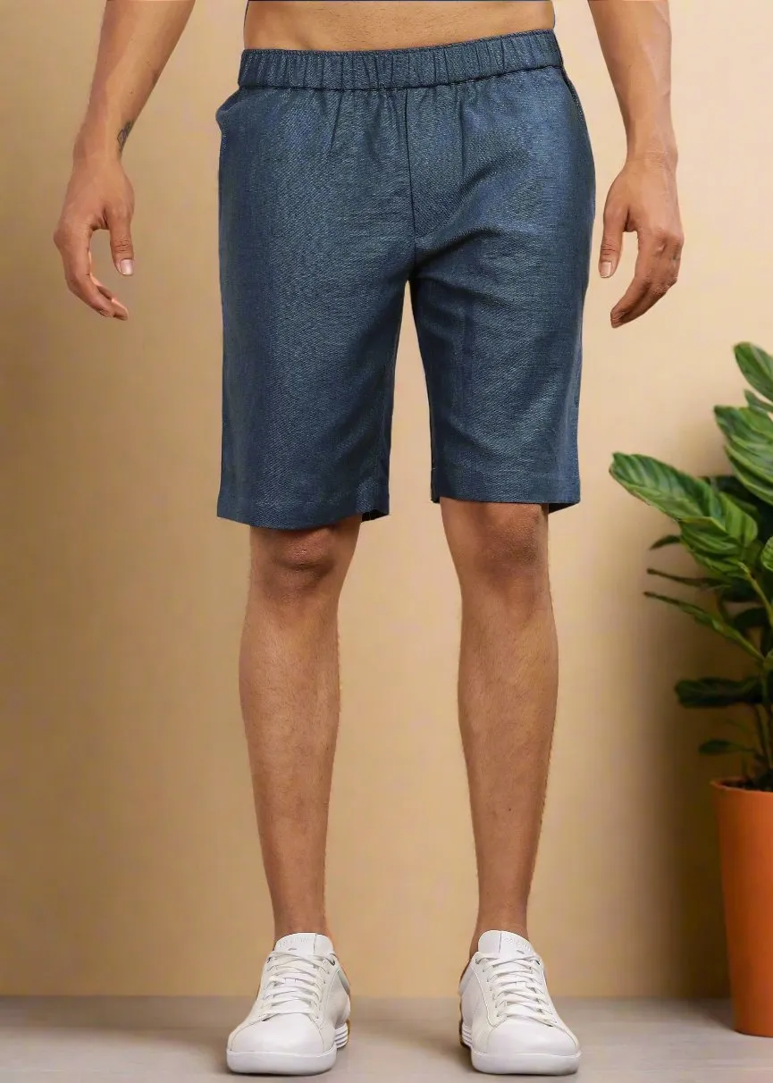 Chad - Pure Linen Shorts With Elastic Band & Zipper - Deep Sea Blue