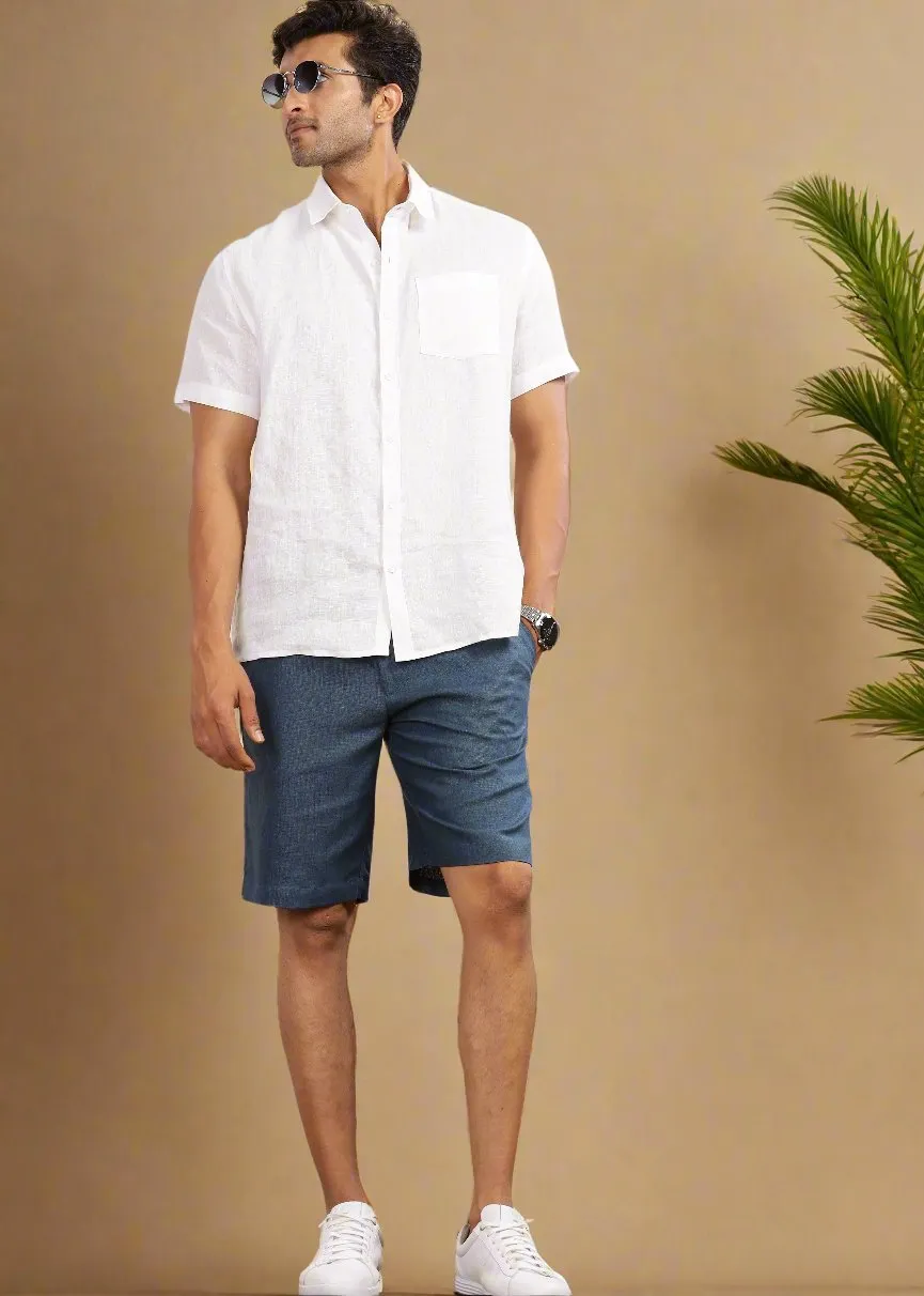 Chad - Pure Linen Shorts With Elastic Band & Zipper - Deep Sea Blue