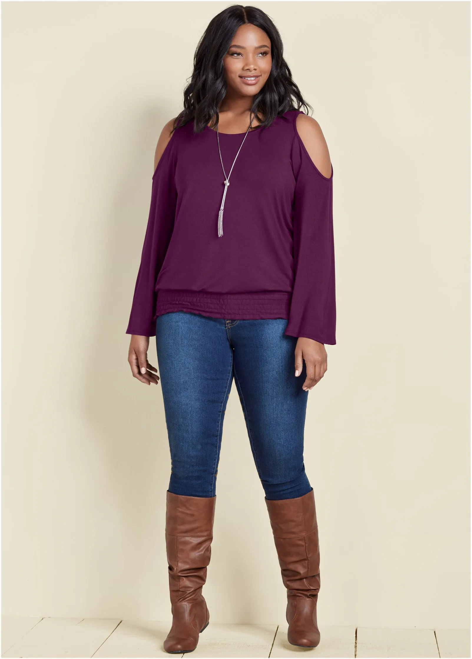 Cold-Shoulder Blouson Top - Dark Purple