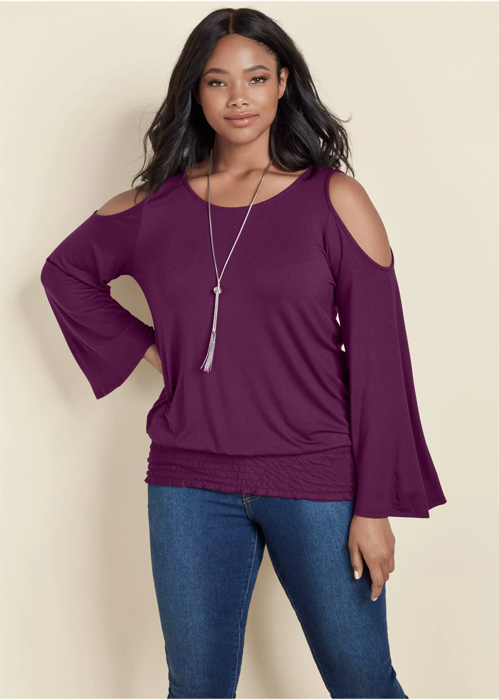 Cold-Shoulder Blouson Top - Dark Purple