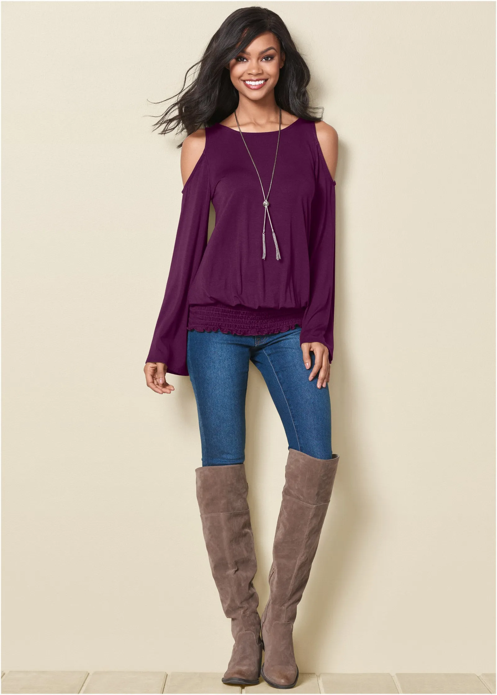 Cold-Shoulder Blouson Top - Dark Purple