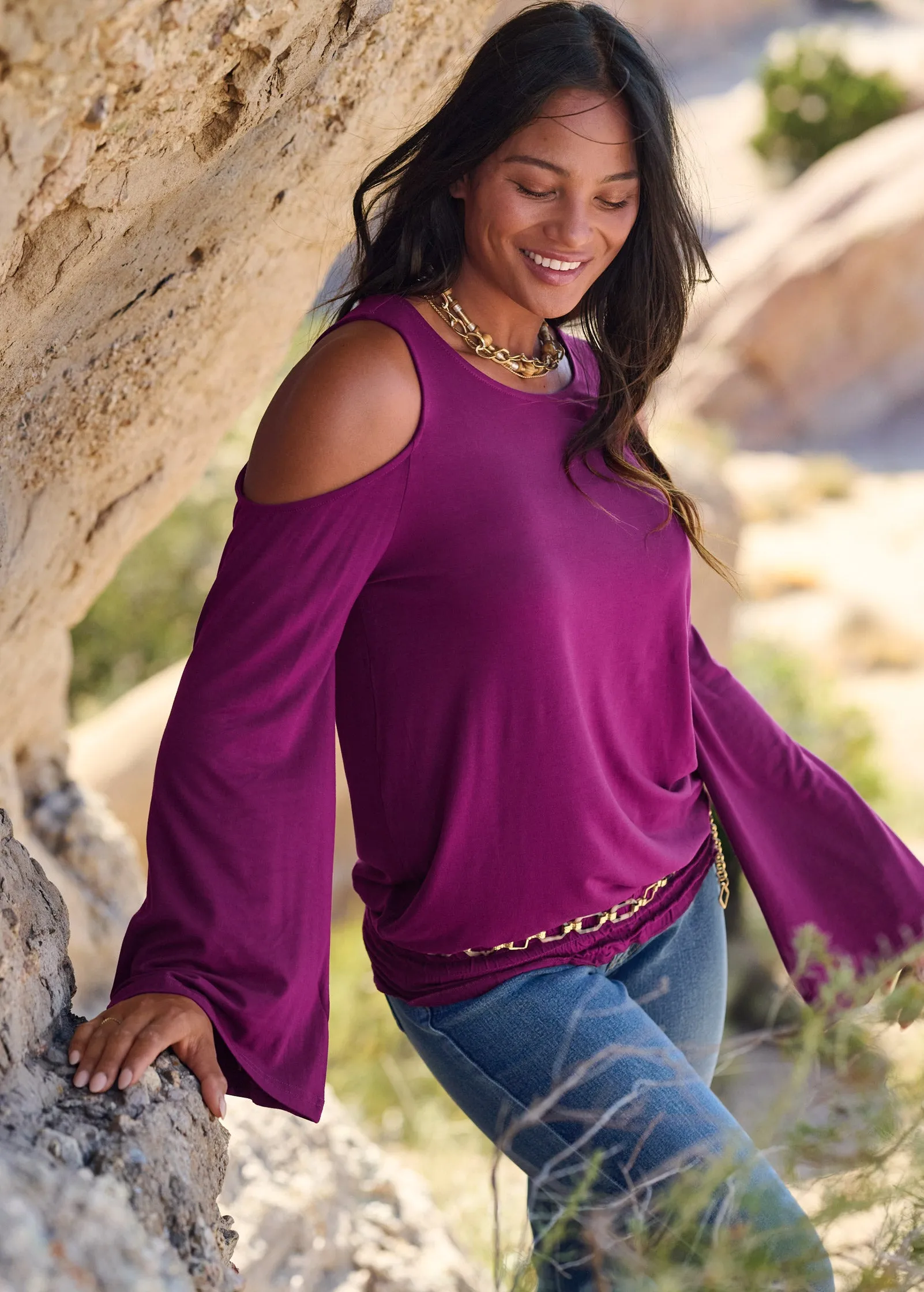 Cold-Shoulder Blouson Top - Dark Purple