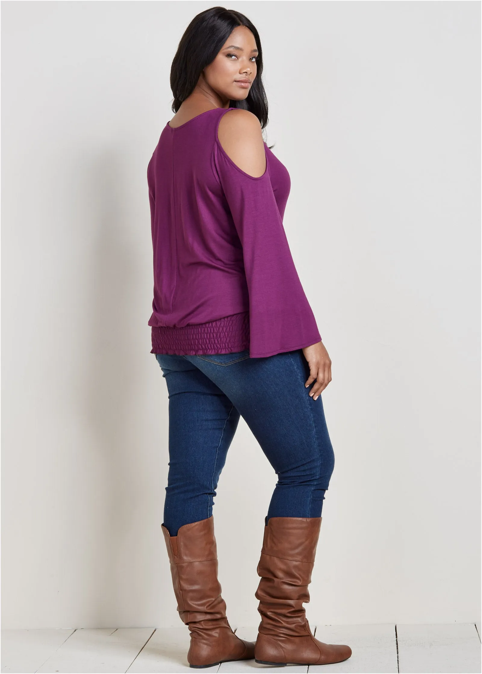 Cold-Shoulder Blouson Top - Dark Purple