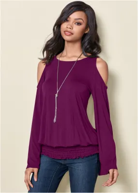 Cold-Shoulder Blouson Top - Dark Purple