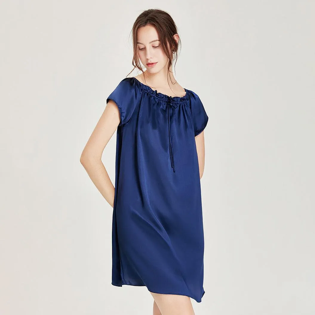 Comfortable and Simple Womens Silk Nightgown 100%  Mulberry Silk Short Sleeves Sleepwear Round Pleated Collar Nightdress