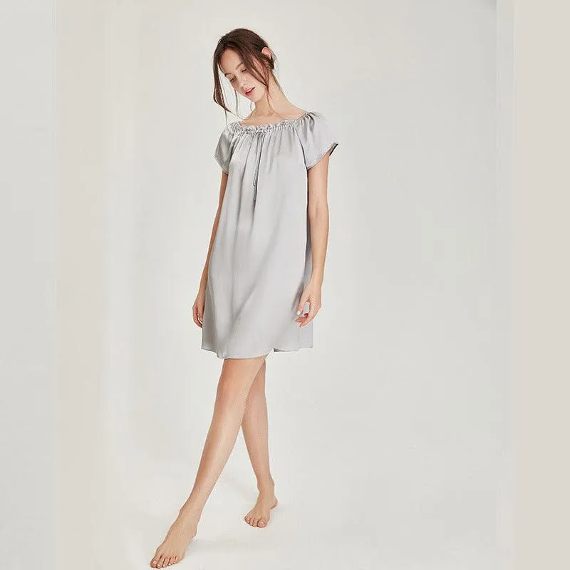 Comfortable and Simple Womens Silk Nightgown 100%  Mulberry Silk Short Sleeves Sleepwear Round Pleated Collar Nightdress