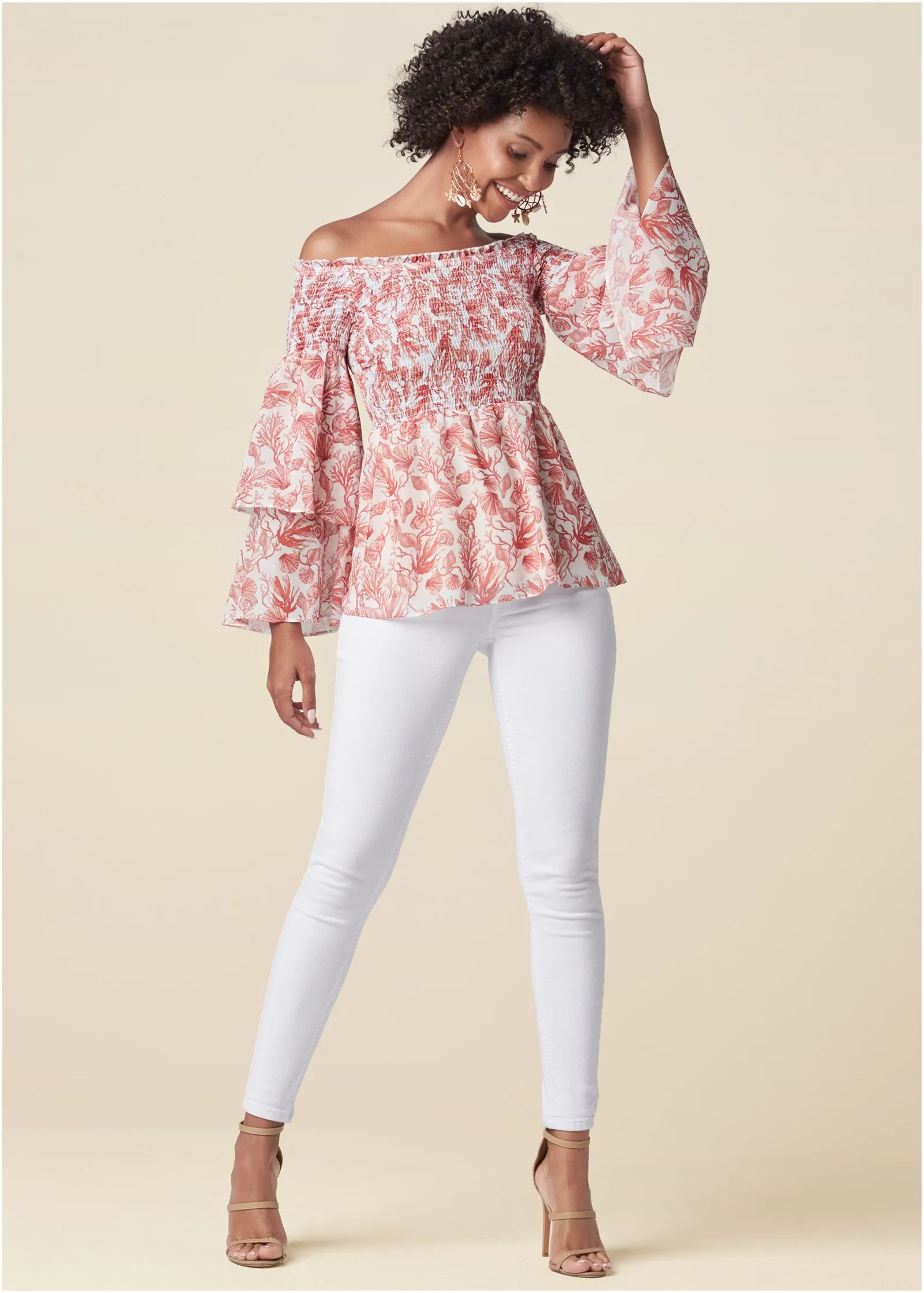 Coral Reef Smocked Top - White & Coral