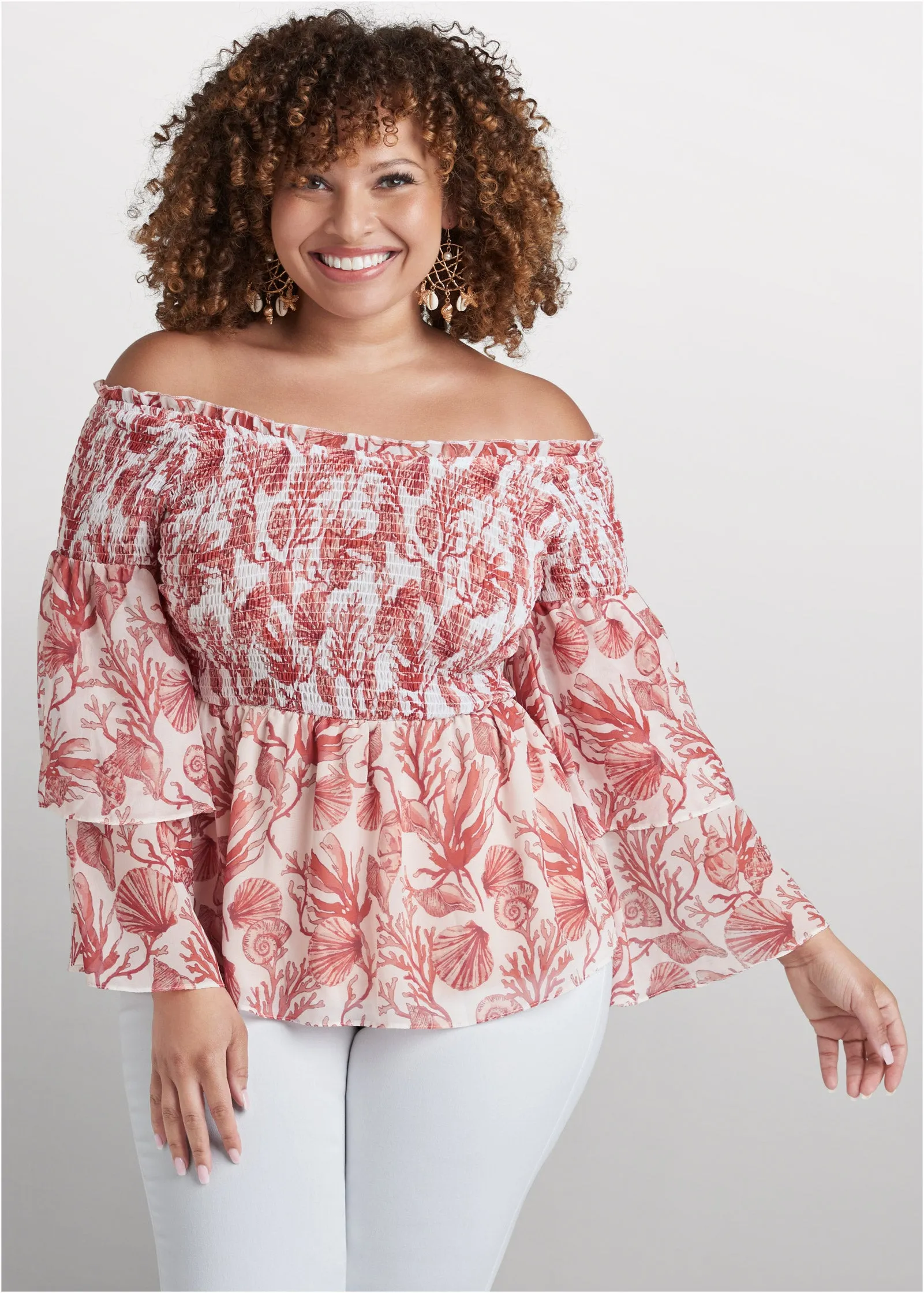 Coral Reef Smocked Top - White & Coral