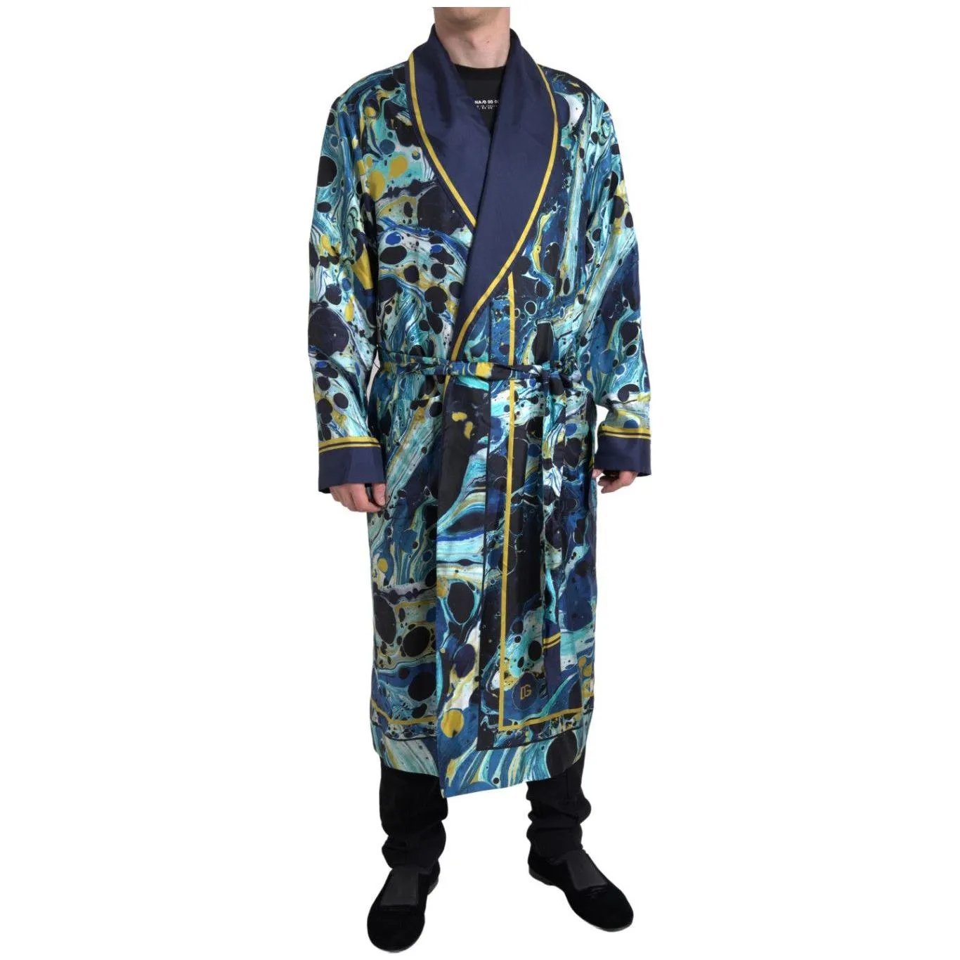 Dolce & Gabbana Marble Blue Silk Long Robe Luxury Sleepwear