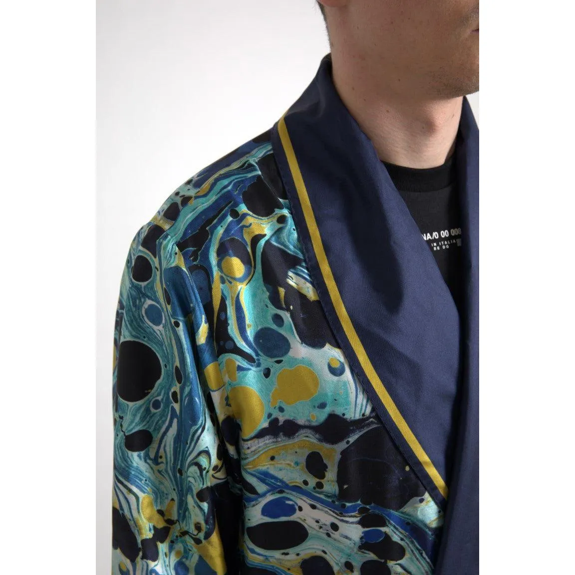 Dolce & Gabbana Marble Blue Silk Long Robe Luxury Sleepwear