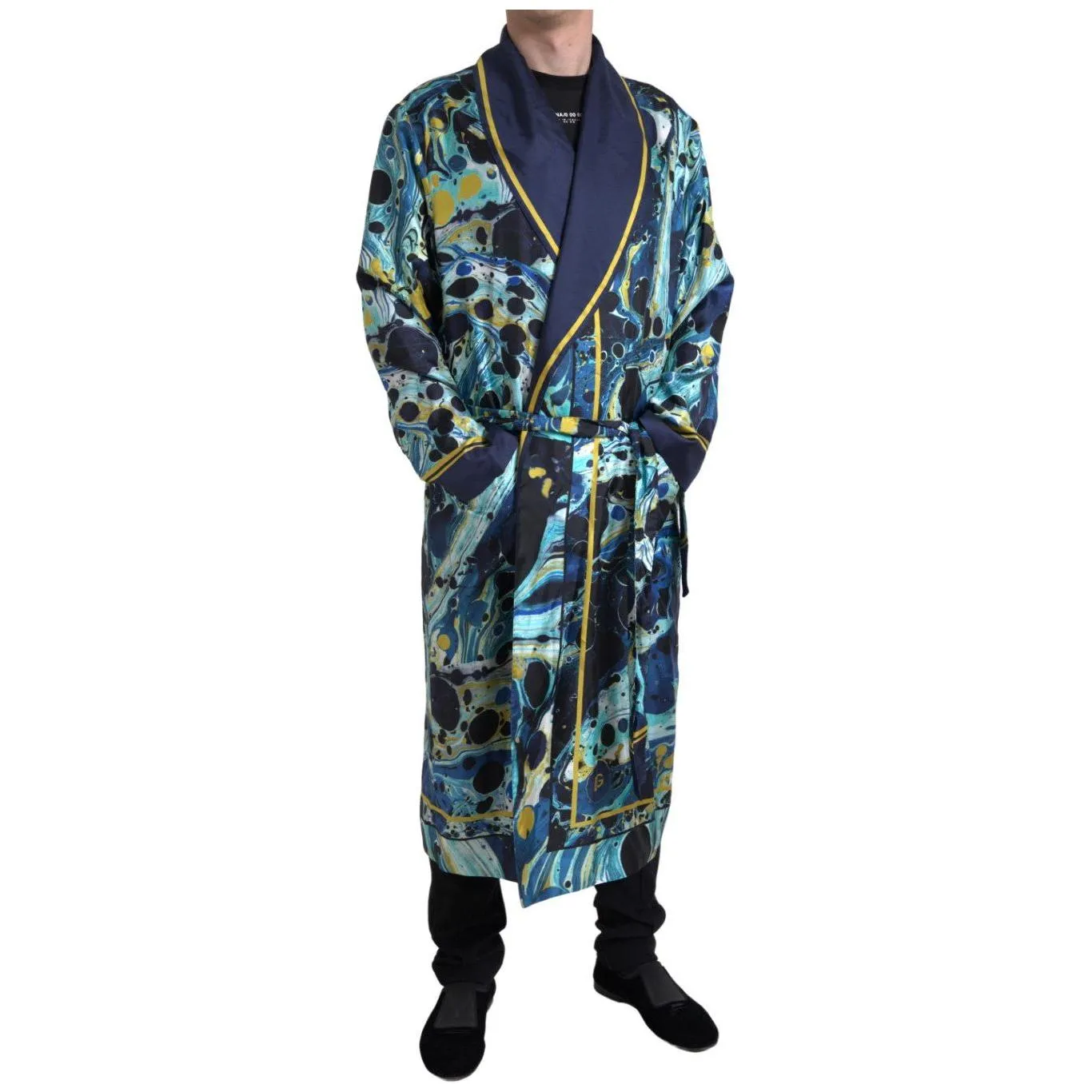 Dolce & Gabbana Marble Blue Silk Long Robe Luxury Sleepwear