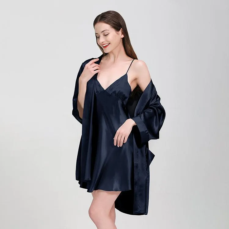 Elegant Solid Color Silk Nightgown And Robe Set For Women Silk Sleepwear Bathrobe With Nightdress