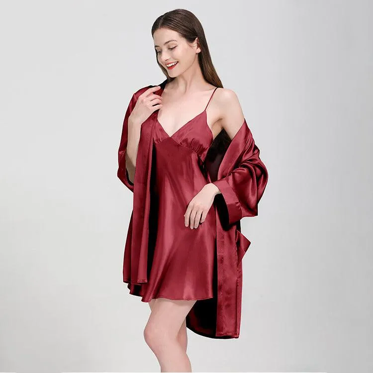 Elegant Solid Color Silk Nightgown And Robe Set For Women Silk Sleepwear Bathrobe With Nightdress