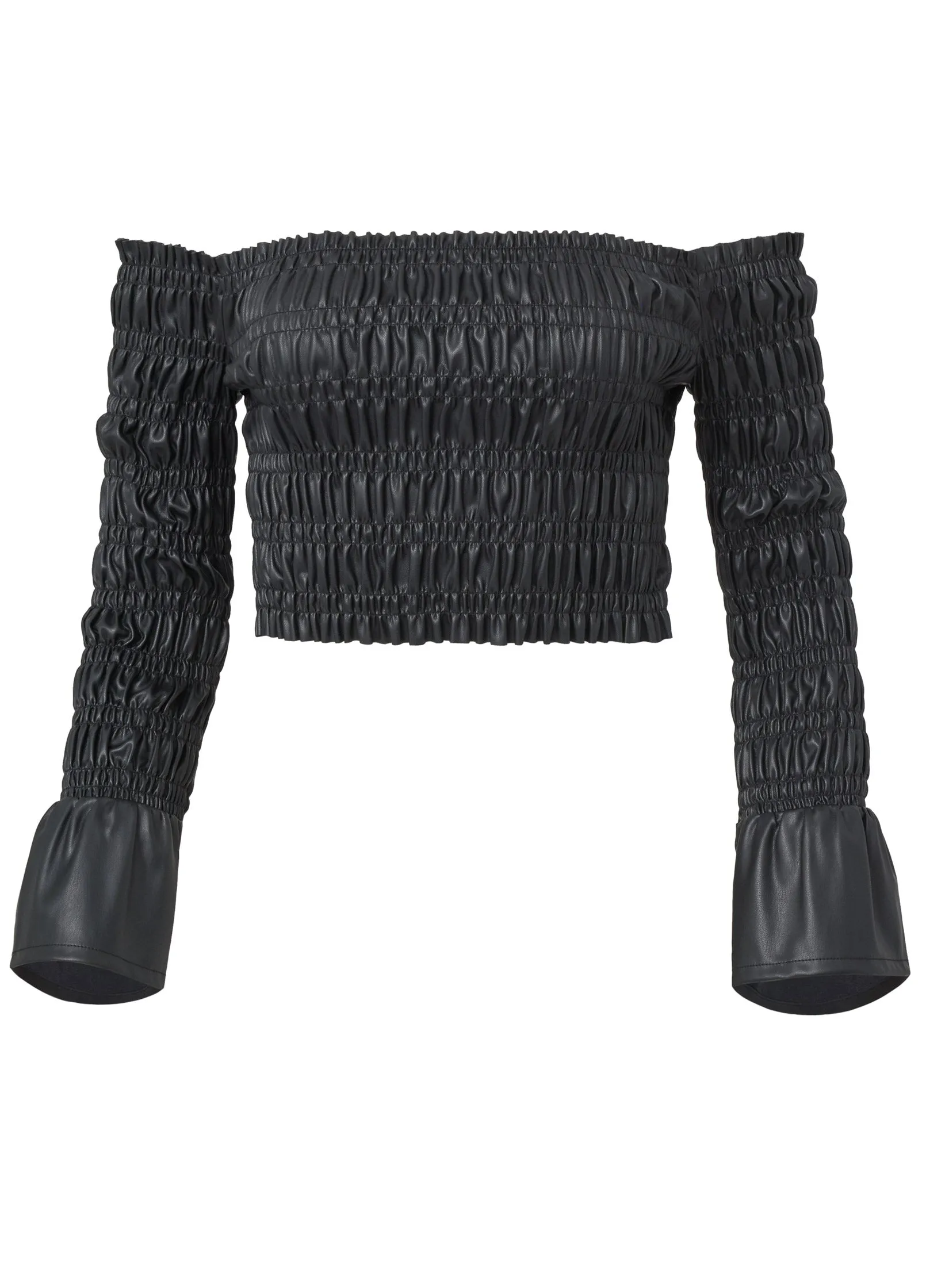 Faux Leather Smocked Top - Black