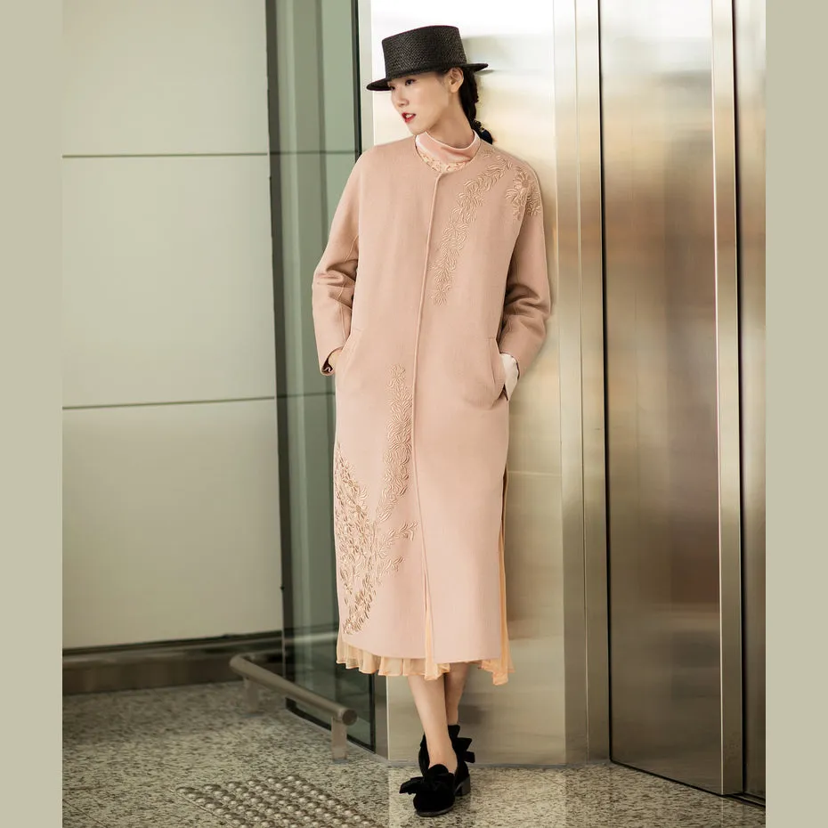 Fine nude pink Woolen Coats Women oversized long sleeve medium length jackets embroidery coats