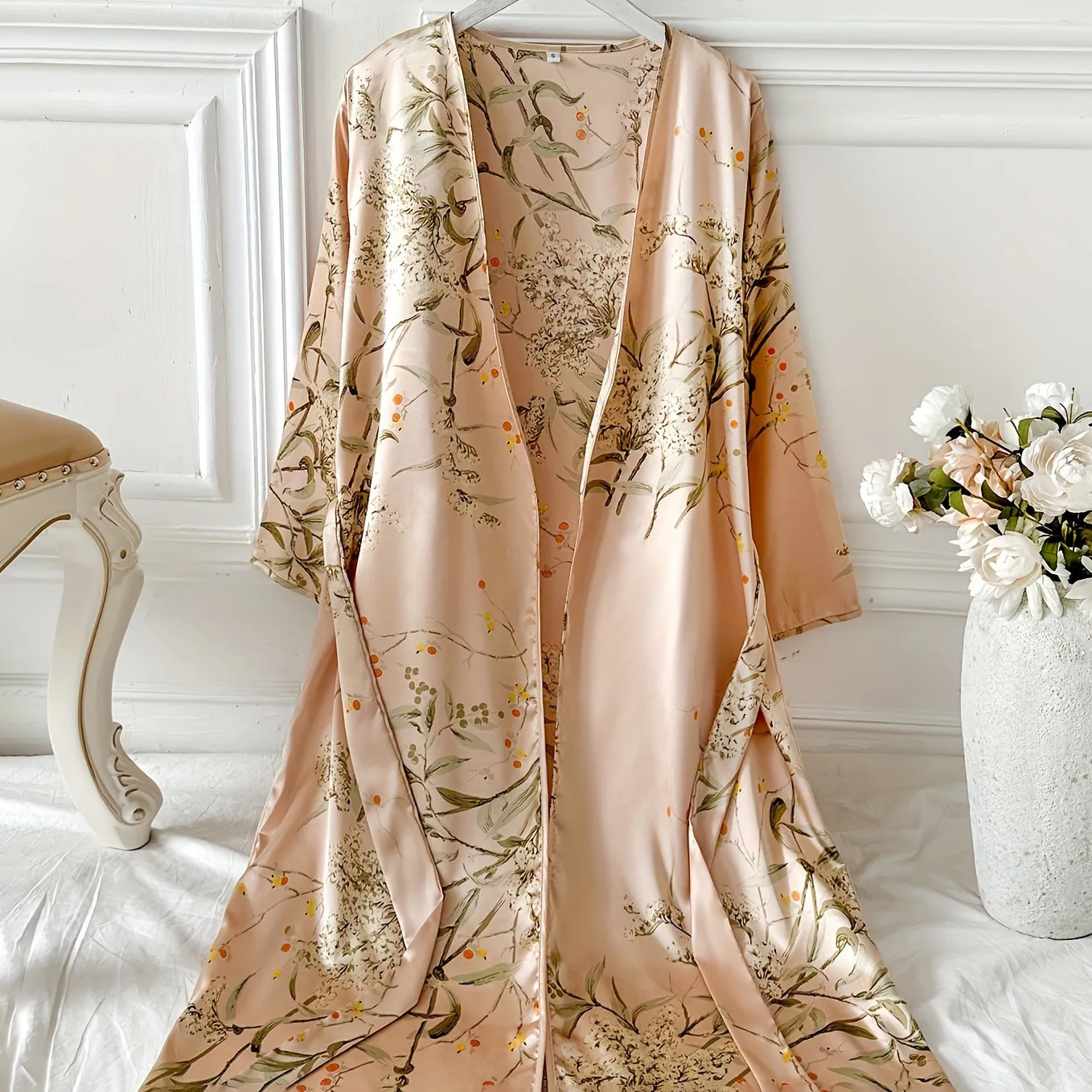 Flower Print Silk Robe Deep V Neck Silk Robe for Women