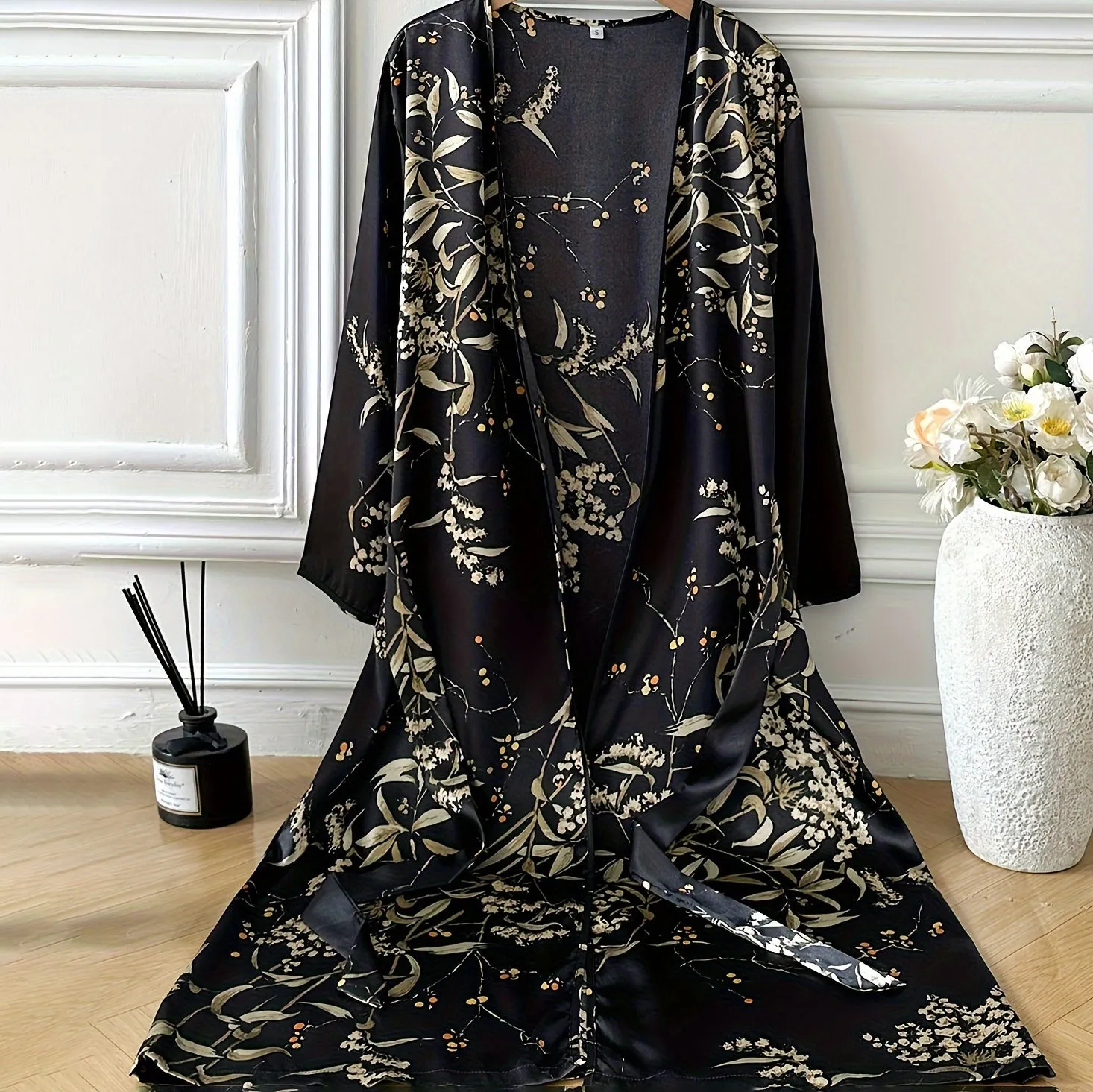 Flower Print Silk Robe Deep V Neck Silk Robe for Women