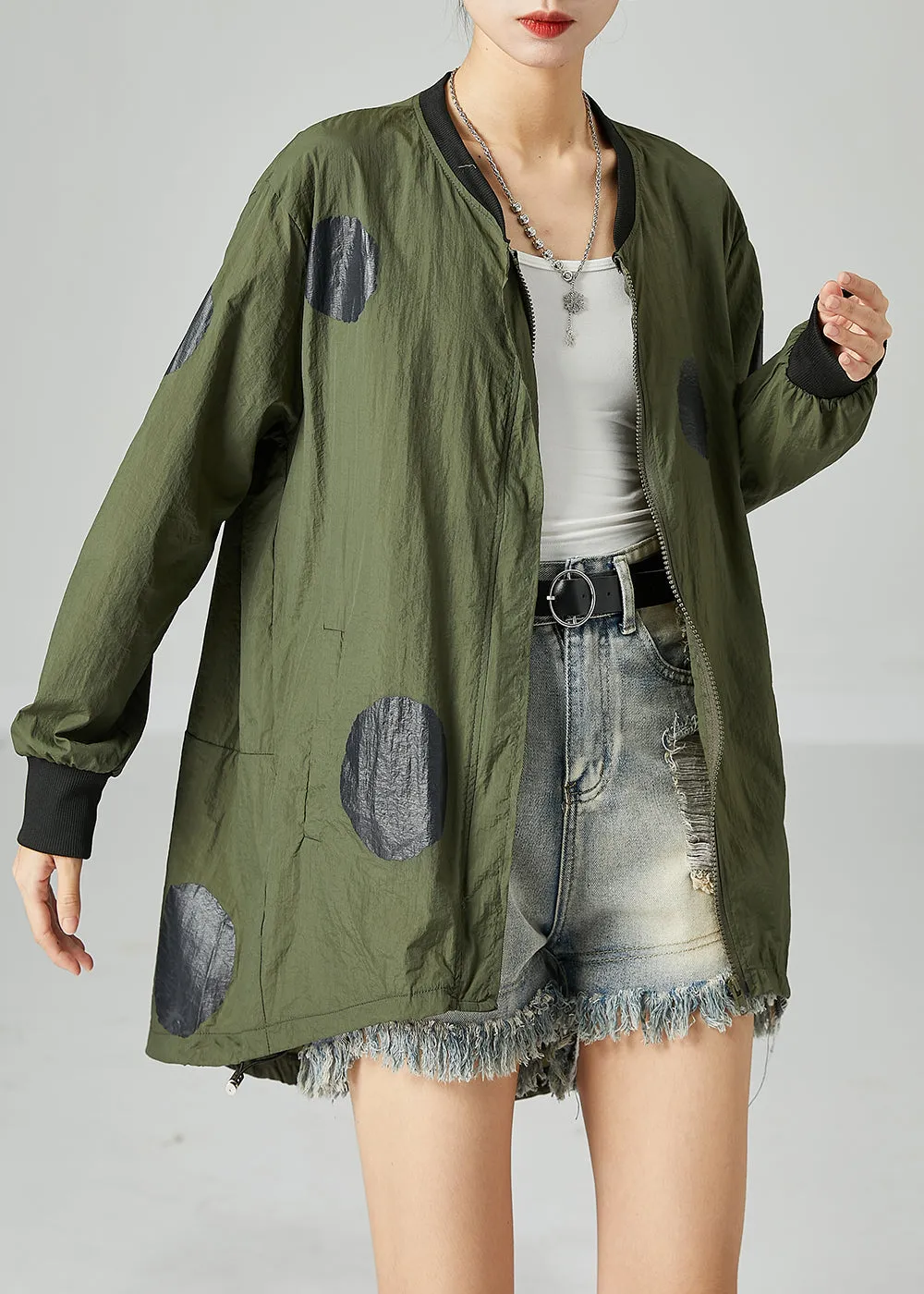 French Army Green Oversized Patchwork Drawstring Silk Coats Spring LY2447