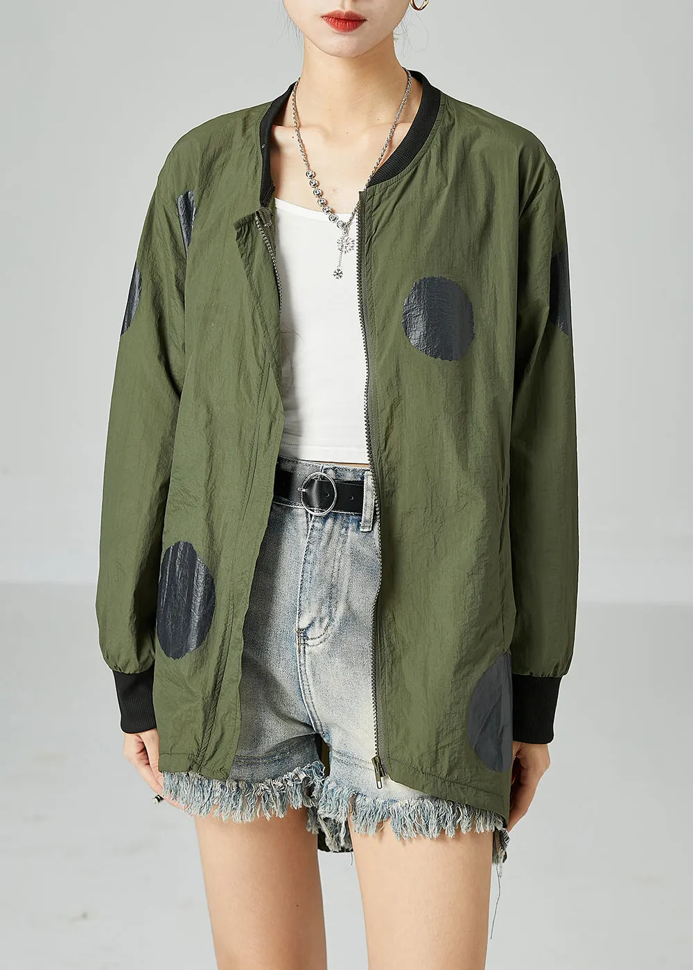 French Army Green Oversized Patchwork Drawstring Silk Coats Spring LY2447