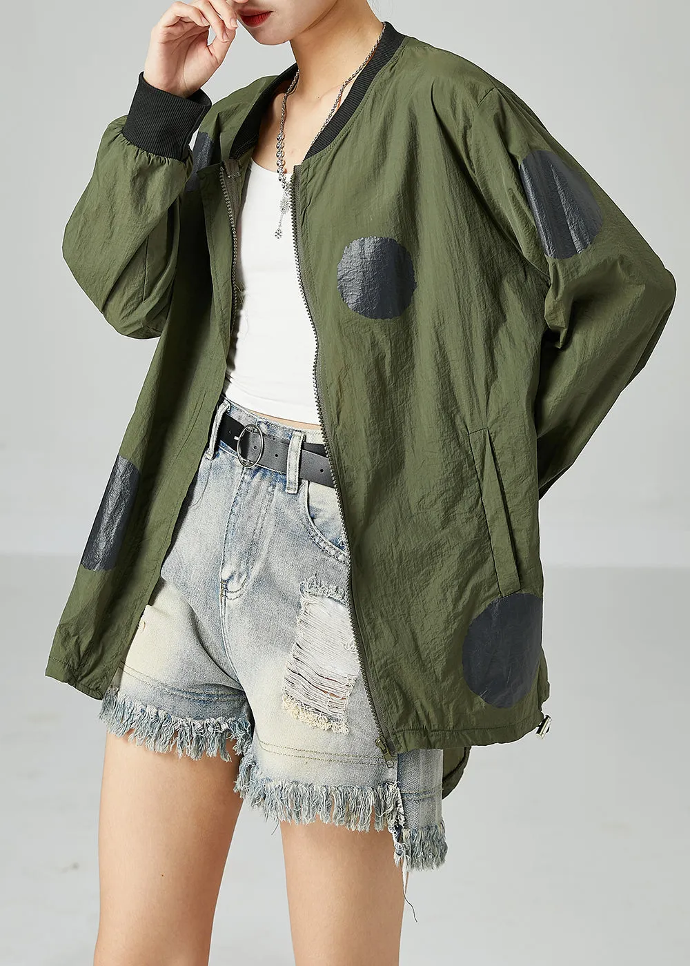 French Army Green Oversized Patchwork Drawstring Silk Coats Spring LY2447