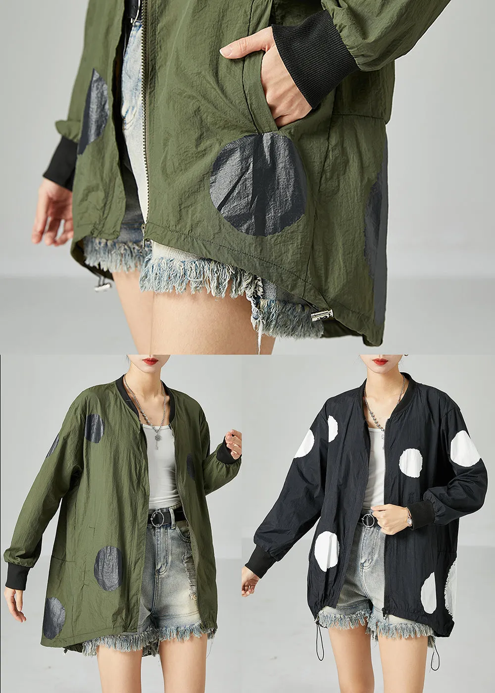 French Army Green Oversized Patchwork Drawstring Silk Coats Spring LY2447